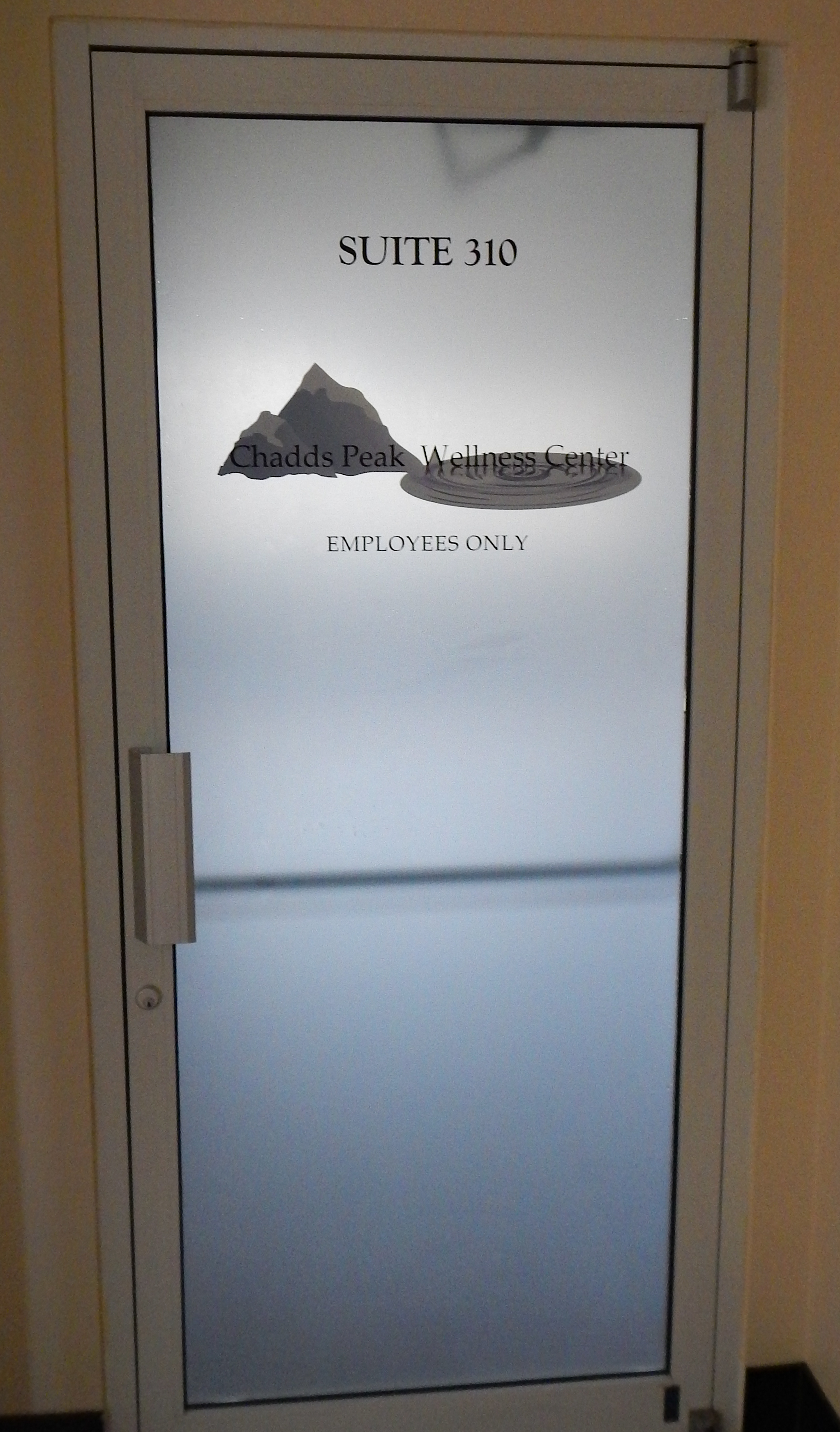 Vinyl lettering on a frosted glass door