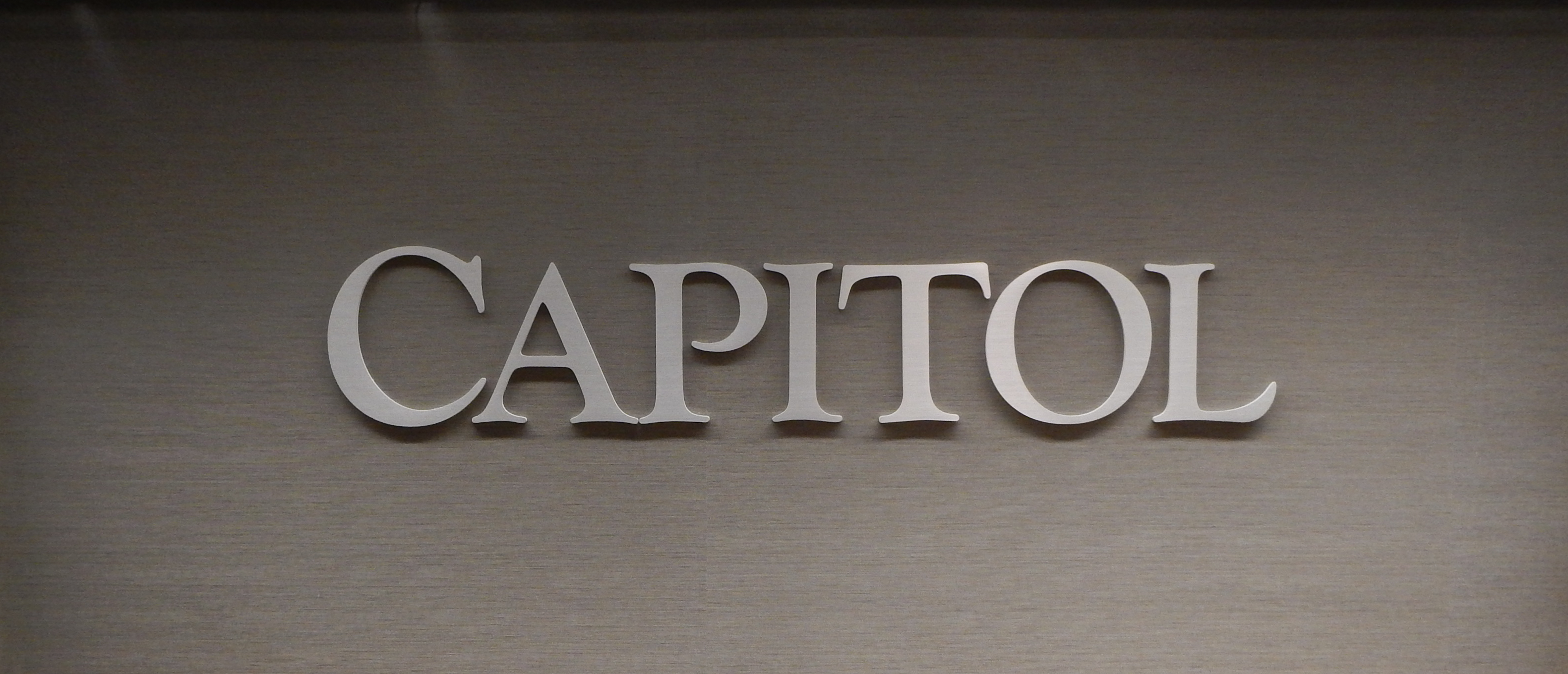 Brushed aluminum dimensional letters mounted on a wooden panel