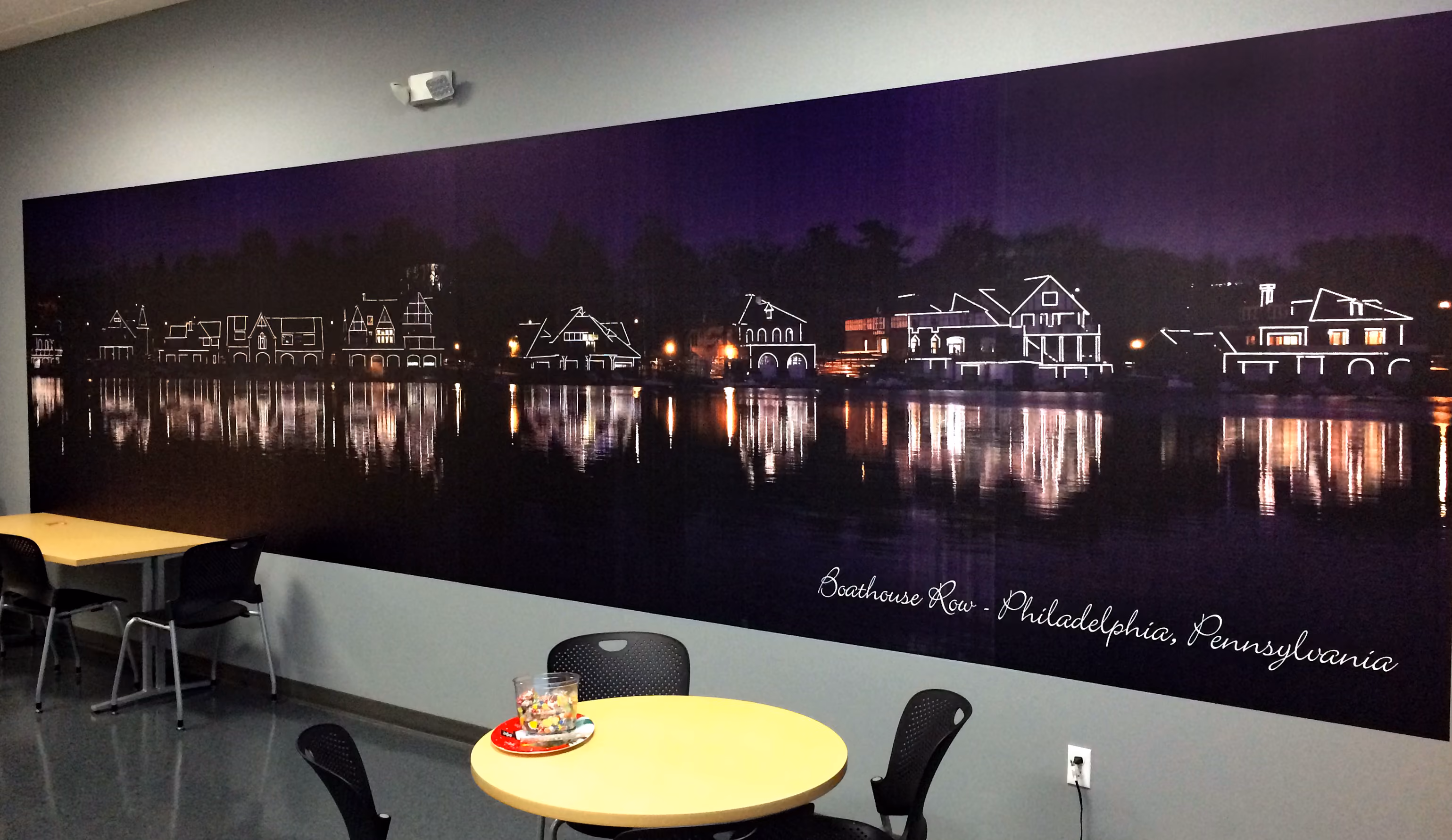 Multi-panel vinyl graphic of Boathouse Row