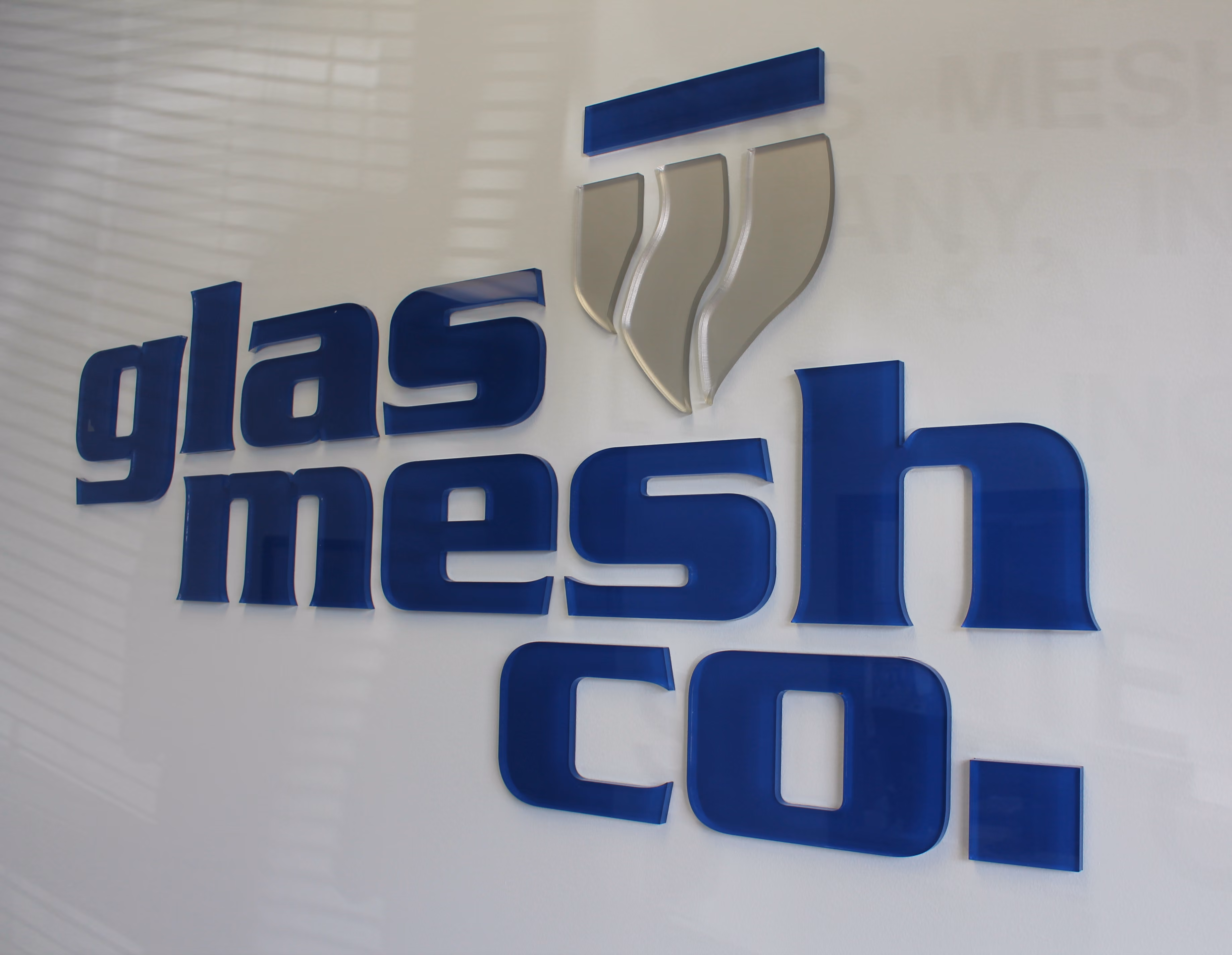 Blue acrylic dimensional letters mounted flush to the wall