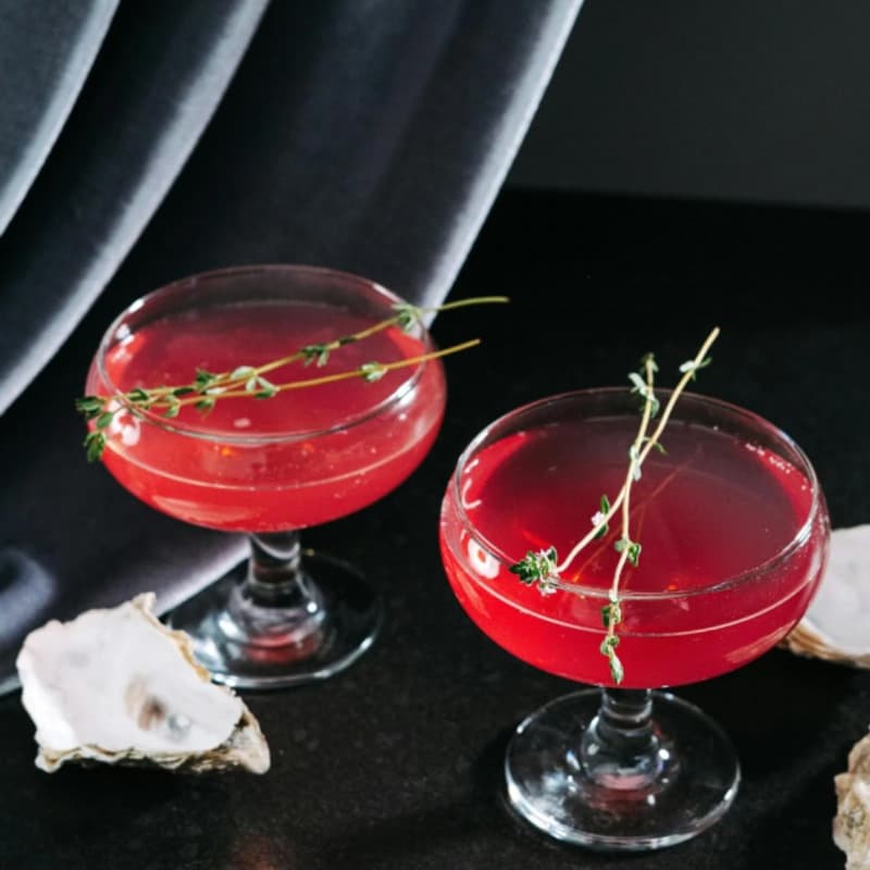 Dvě sklenice typu coupe naplněné červenými koktejly ozdobené snítkami tymiánu, vedle ústřicových lastur na tmavém povrchu.