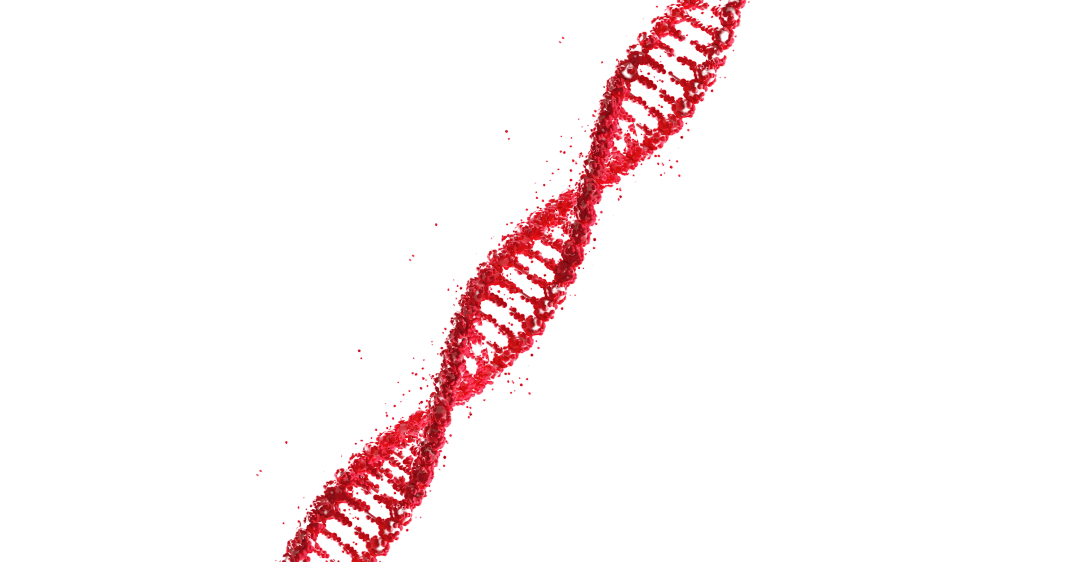 Close-up 3D rendering of a red DNA double helix structure on a black background.