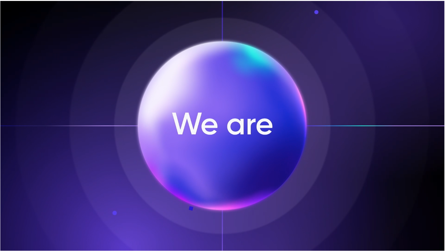 Glowing purple and blue sphere with the white text 'We are' centered on a dark background with concentric circles and lines.
