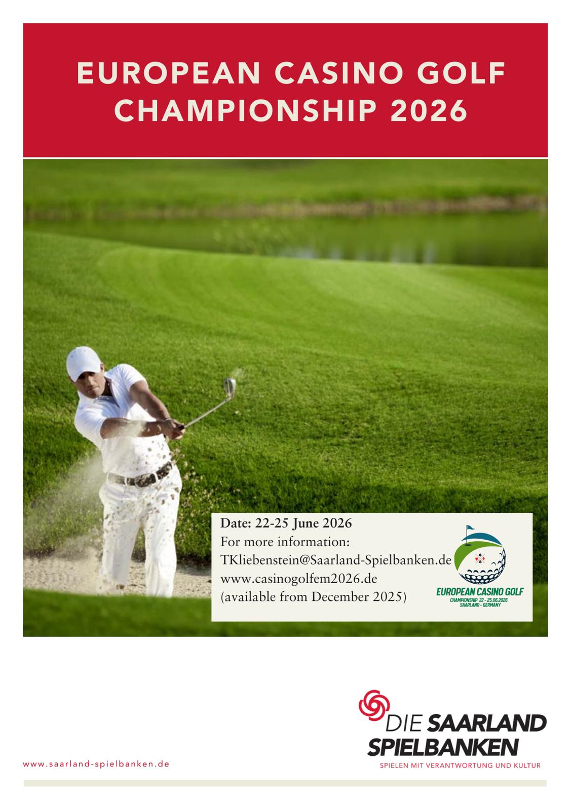 Golfer hitting from a sand bunker on a green course with text announcing the European Casino Golf Championship 2026 from 22-25 June, with contact details and Saarland Spielbanken logo.