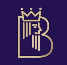 Stylized gold letter B incorporating a crowned king's profile on a dark purple background.
