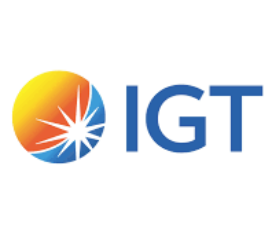 IGT logo with a circular orange and yellow gradient design incorporating a white starburst on the left and the blue letters IGT on the right.