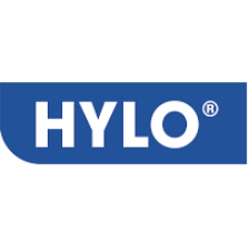 HYLO brand logo in white text on a blue rounded rectangle background.