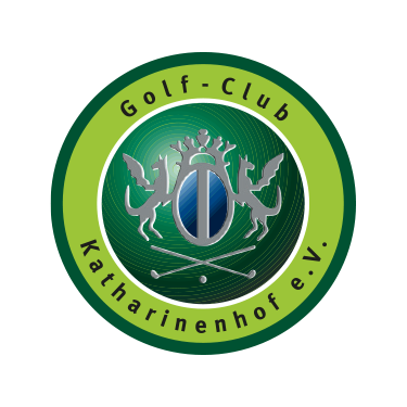 Logo of Golf Club Katharinenhof e.V. featuring two silver lions holding a shield with a golf ball and crossed clubs below, surrounded by a green and yellow circular border.