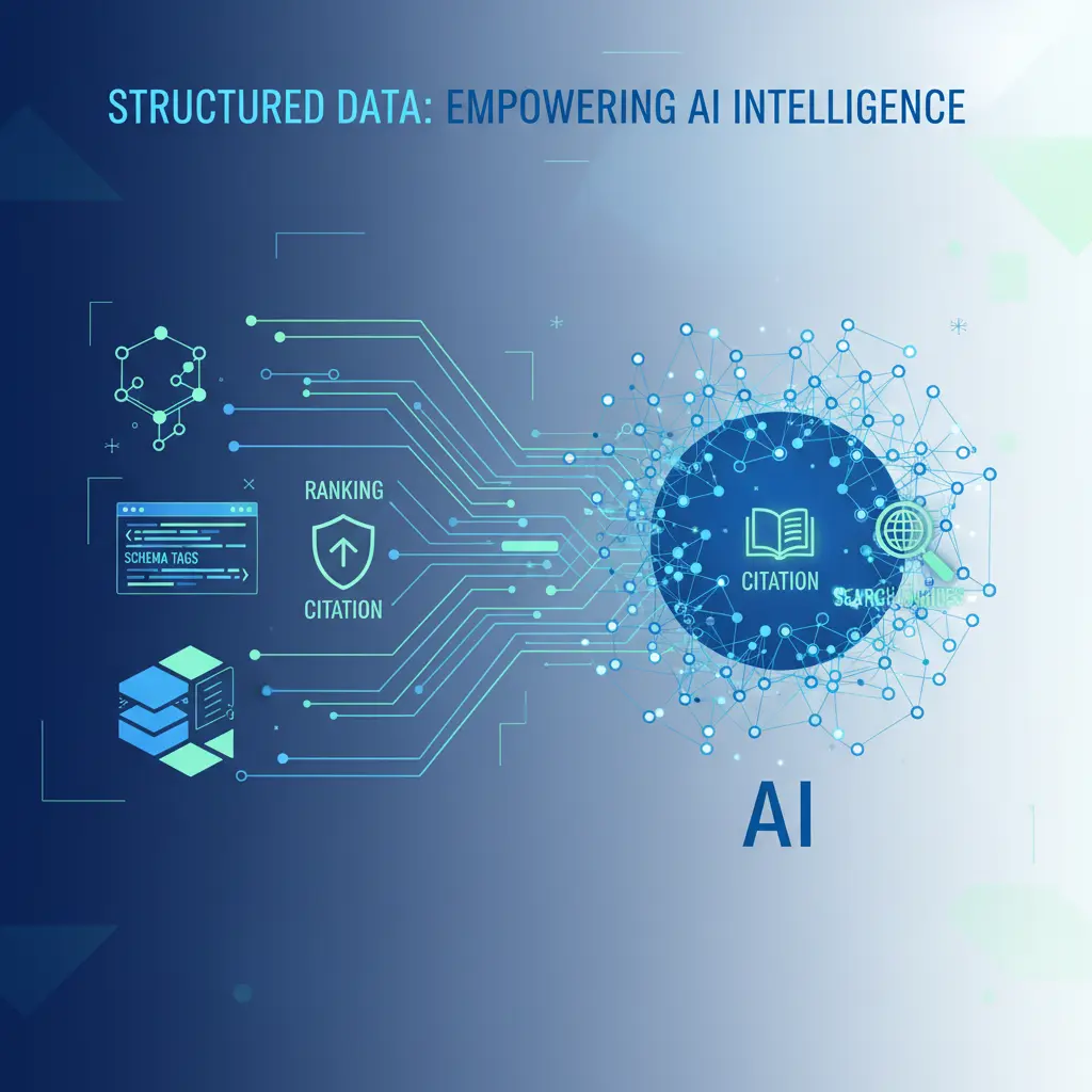 Illustration showing the impact of structured data on AI, featuring icons for AI, structured data (like schema or graphs), and search engines, connected with arrows to represent improved understanding, ranking, and citation. The design uses a blue, white, and green color palette to convey trust and technology.