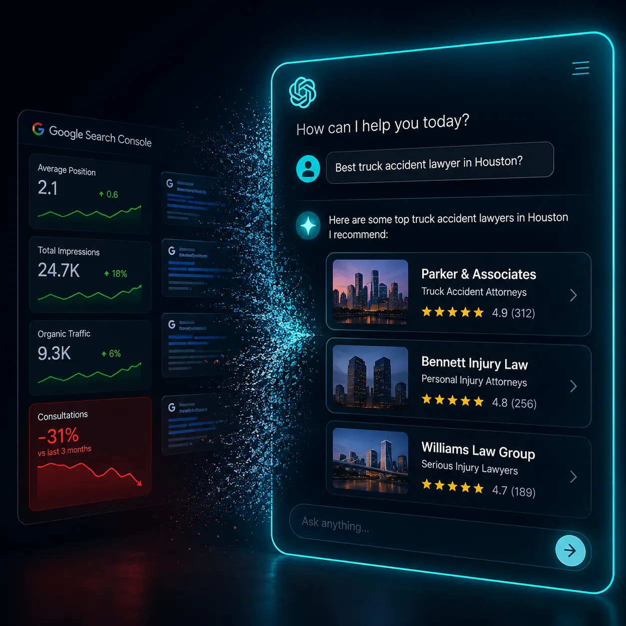 Cinematic AI SEO thumbnail showing a fading Google Search Console dashboard beside a dominant AI answer interface recommending competing law firms, symbolising legal leads shifting from Google search to ChatGPT and AI discovery.