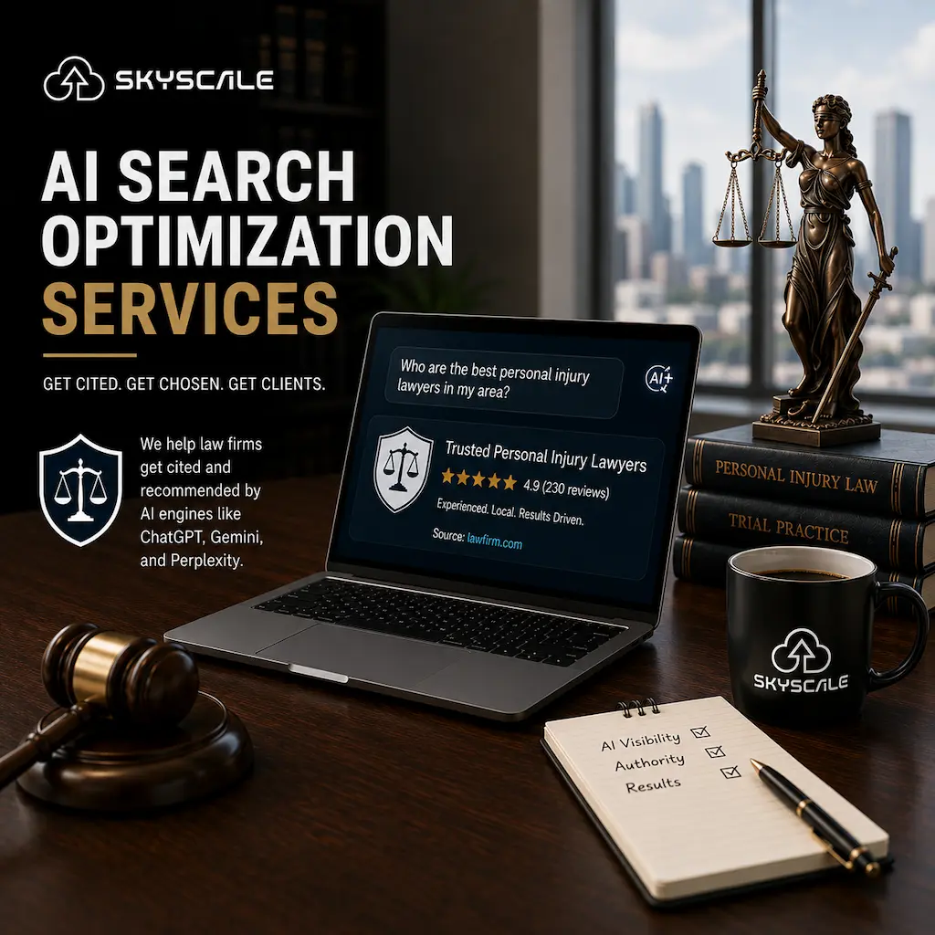 Modern legal workspace with AI-generated attorney recommendations on screen, illustrating how law firms improve visibility, authority, and citations in AI search platforms.