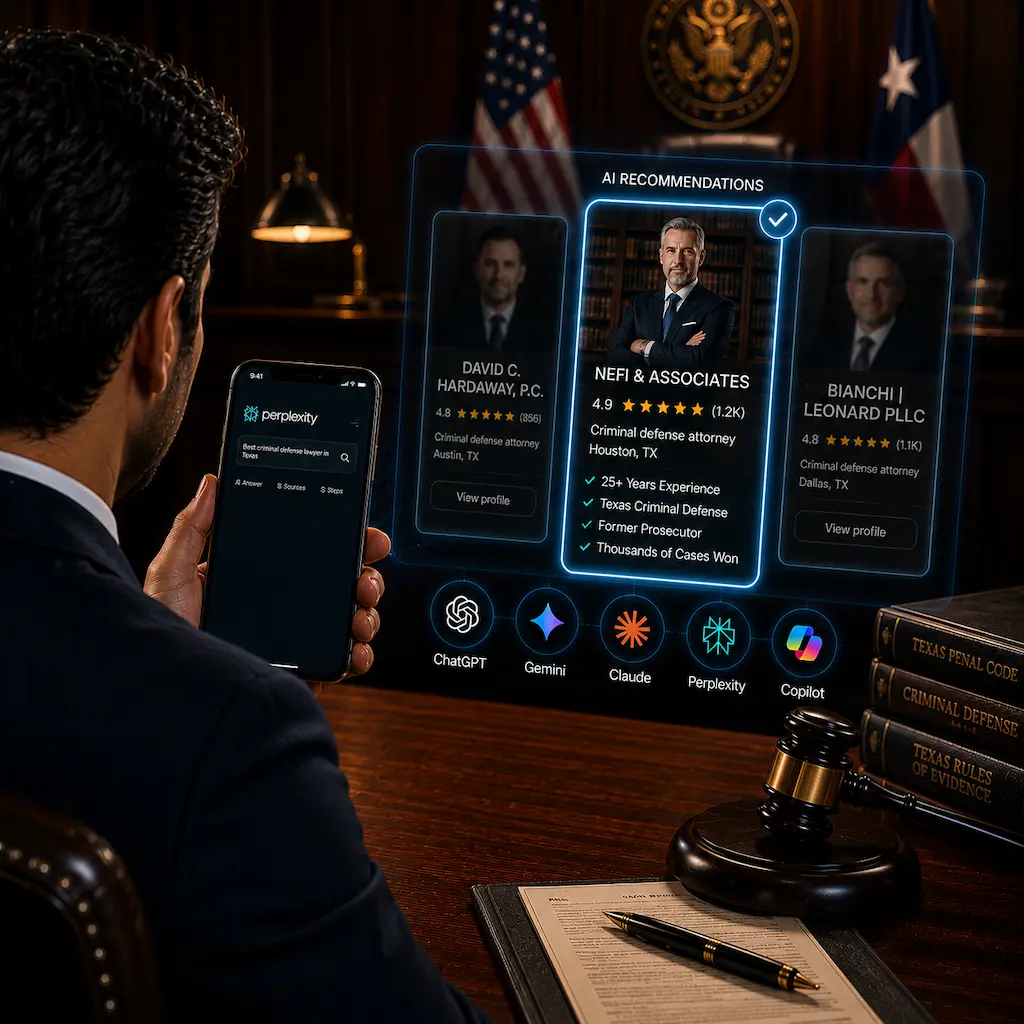AI search results for criminal defense lawyers in Texas displayed through Perplexity, illustrating how attorneys get recommended by AI platforms.