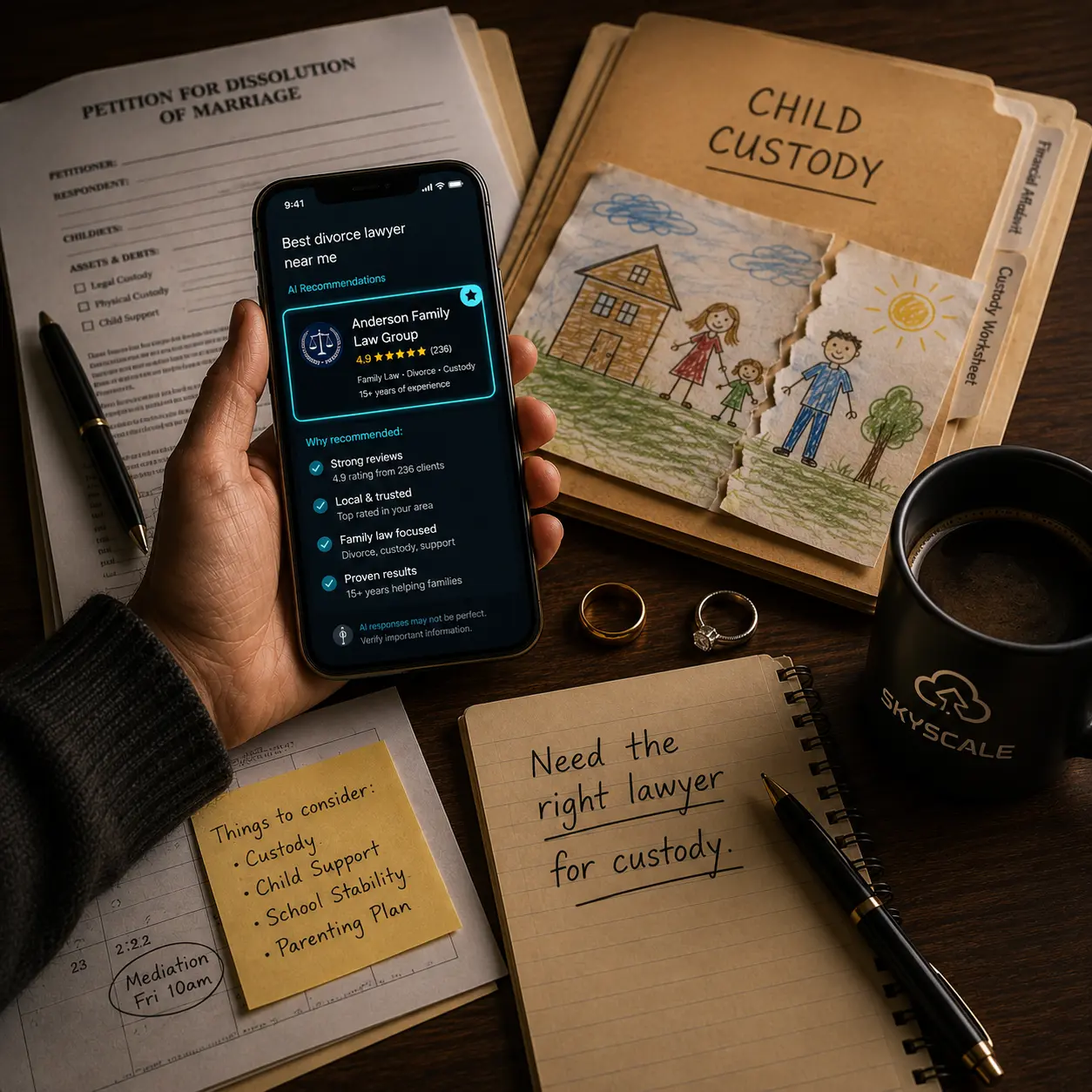 Family law client reviewing AI-recommended divorce lawyer results on a smartphone beside child custody documents, legal paperwork, and family-related notes.