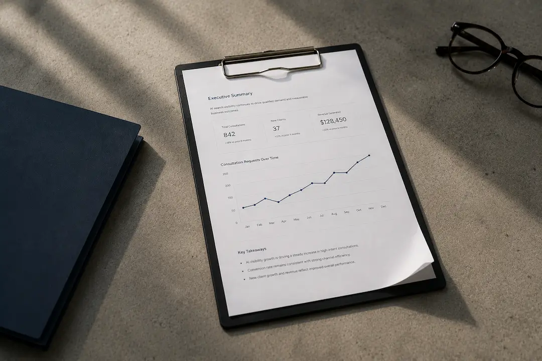 Professional desk setup with a clipboard displaying performance metrics, a navy folder, and eyeglasses, symbolizing the evaluation of AI search impact, lead growth, and return on investment.