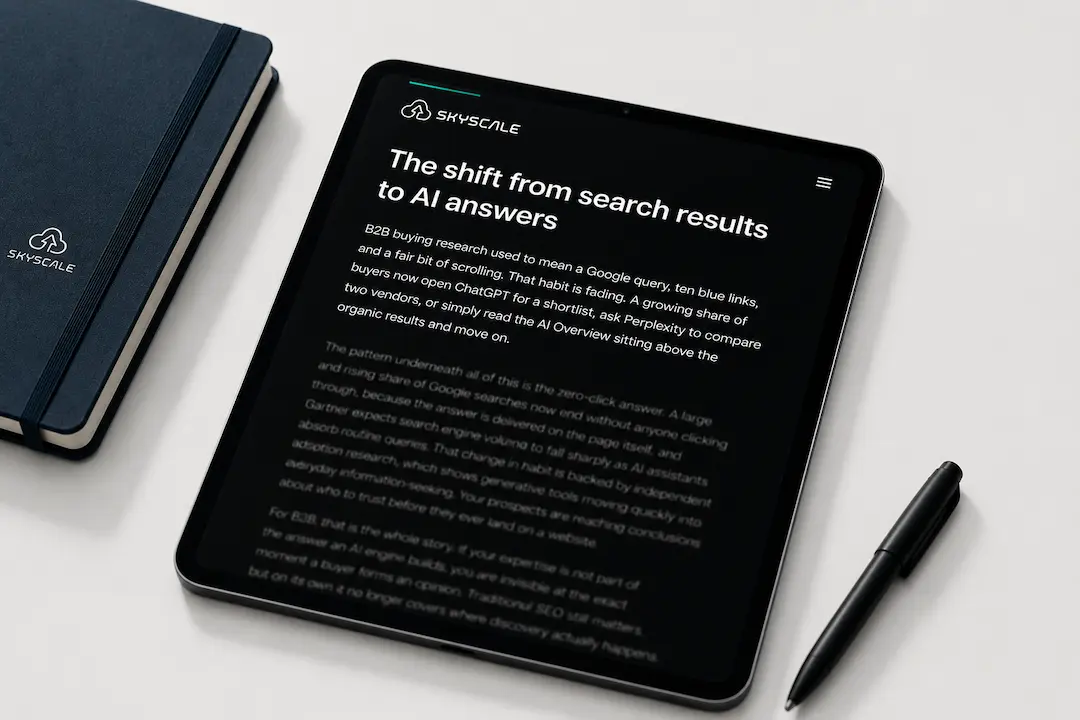 Tablet displaying an article about AI search visibility on a white desk with a notebook and pen, illustrating how B2B companies can improve visibility in AI-powered search and answer engines.