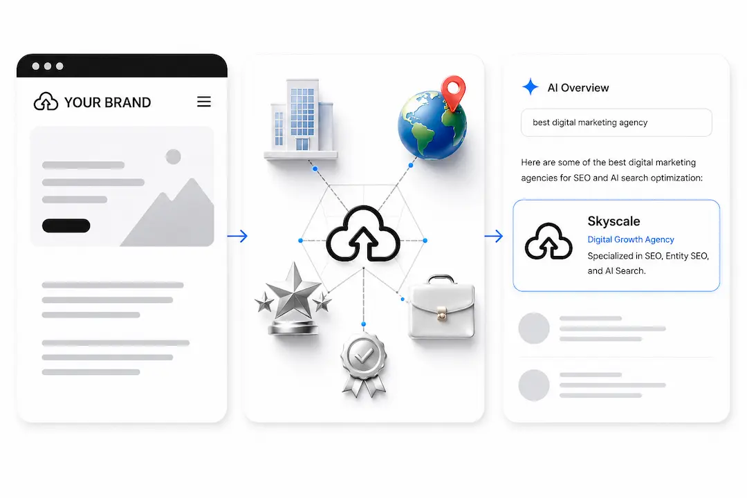 Three-step visual showing how entity optimisation helps AI search engines trust a brand, from website content and structured entity signals to AI Overview recommendations and brand visibility in AI-generated search results.