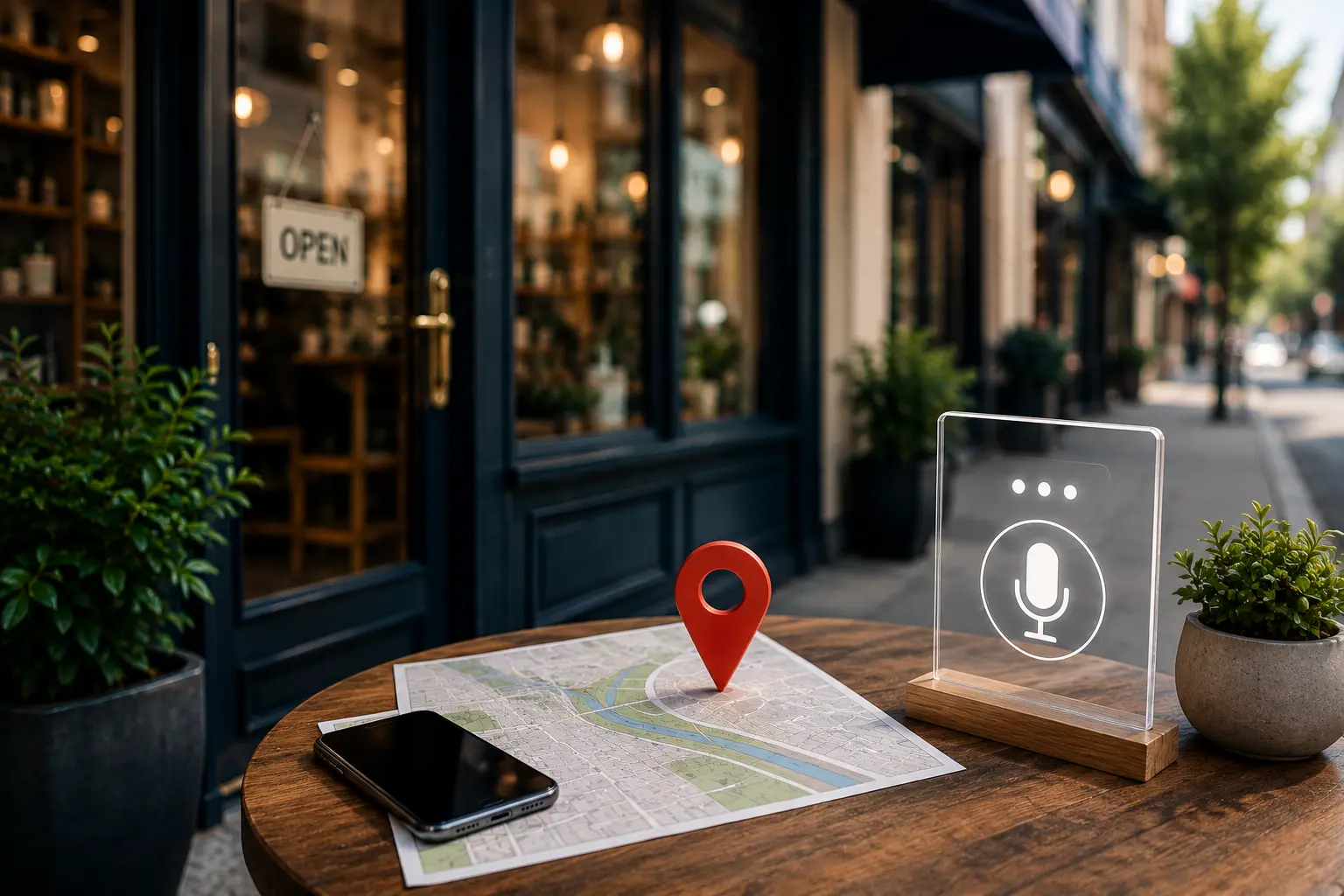 Realistic local business storefront with a city map, location marker, smartphone, and acrylic voice search icon representing Answer Engine Optimization (AEO) and AI-powered local business visibility.