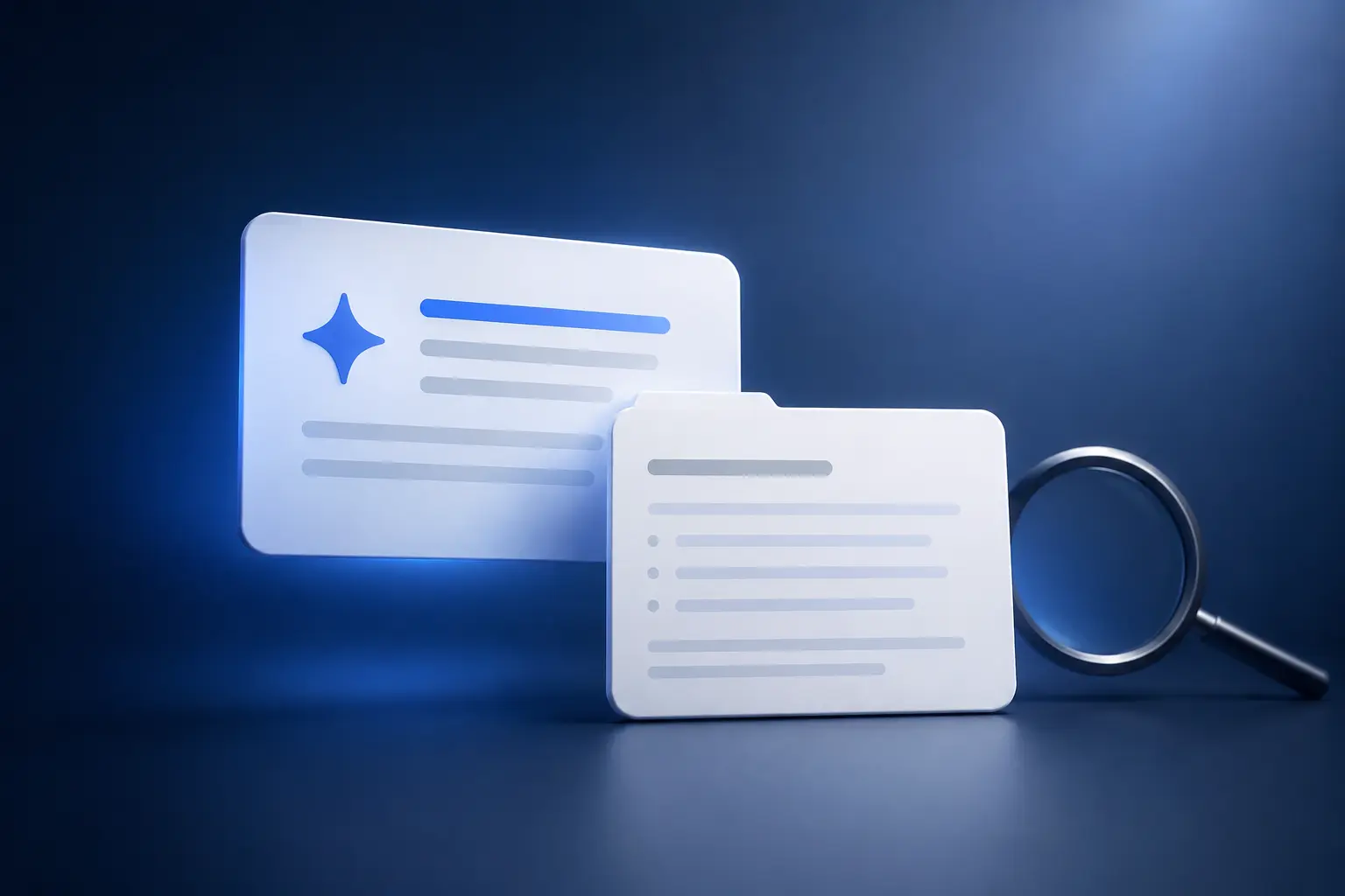 Minimal realistic illustration of structured search result cards with a magnifying glass, representing AI Overviews and featured snippet optimisation for improved search visibility.