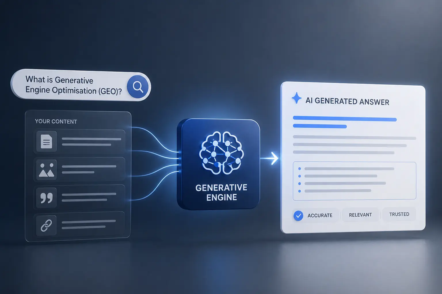 Illustration showing how structured content is processed by a generative AI engine to produce a trusted, AI-generated answer, representing the concept of Generative Engine Optimisation (GEO).