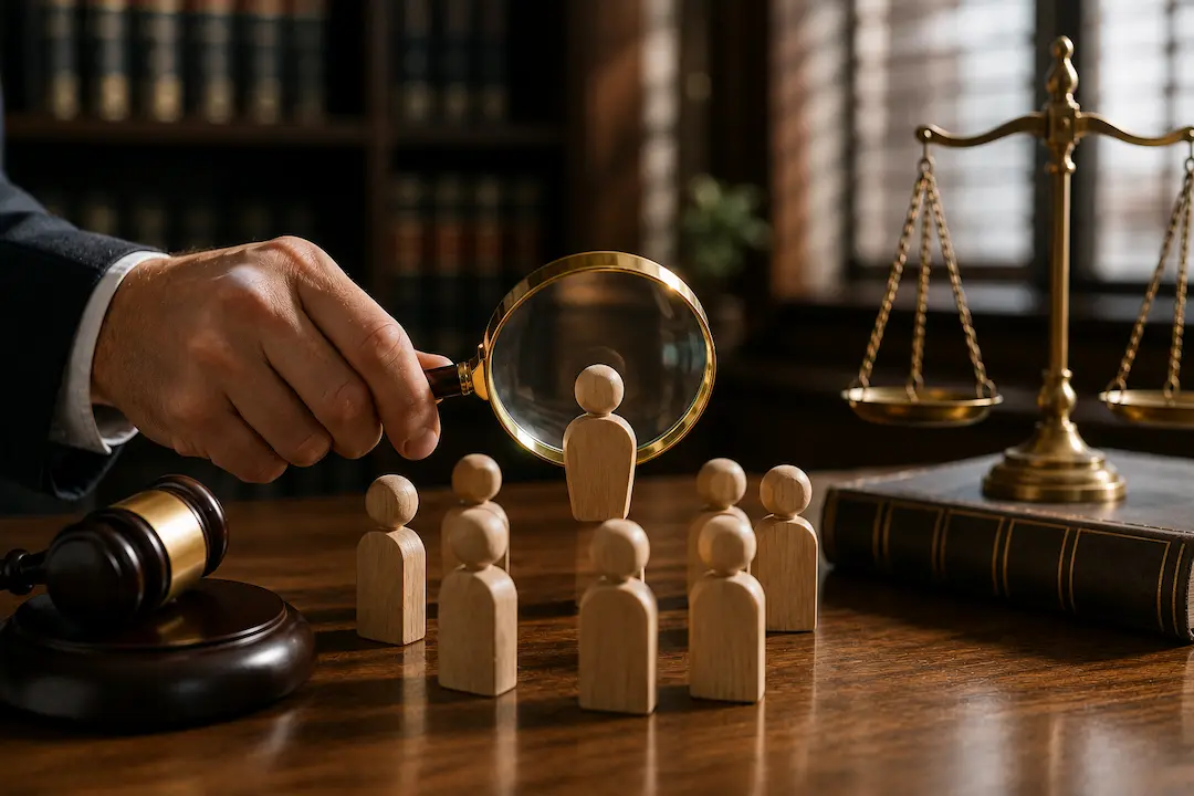 Magnifying glass highlighting a client figure in a law office, representing AI SEO for lawyers and how legal clients search for attorneys