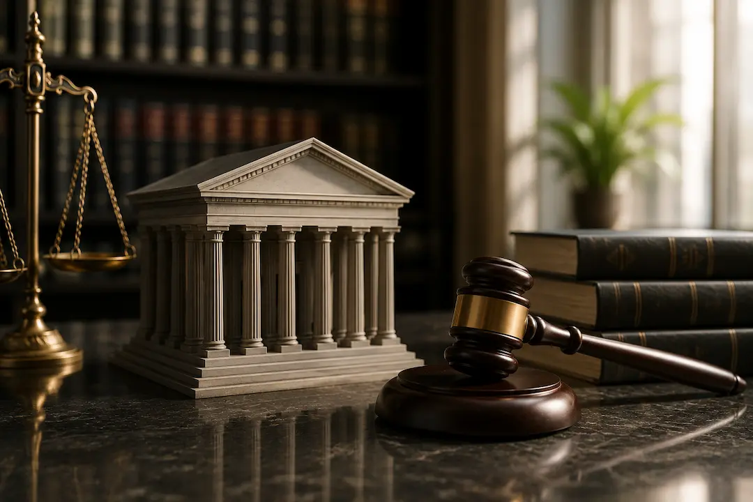 "Courthouse model, judge's gavel, and scales of justice representing AI SEO, AEO, and GEO services for law firms in the USA."
