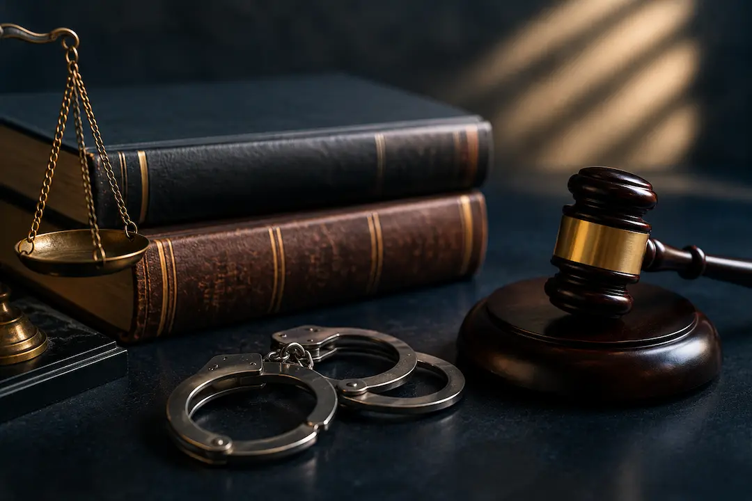 "Judge's gavel, handcuffs, legal books, and scales of justice representing criminal defense lawyers and AI search visibility on ChatGPT and Google AI."