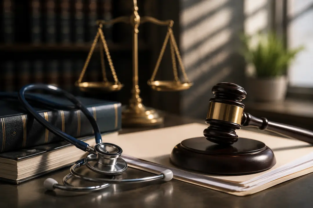 "Judge's gavel, stethoscope, legal documents, and scales of justice representing medical malpractice lawyers and AI search visibility on ChatGPT and AI search."