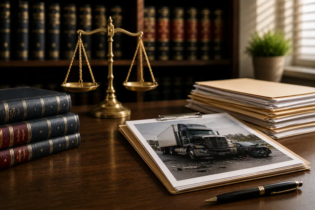 "Truck accident case file, legal documents, and scales of justice representing truck accident lawyers and AI search visibility on ChatGPT, Google AI, and AI search."