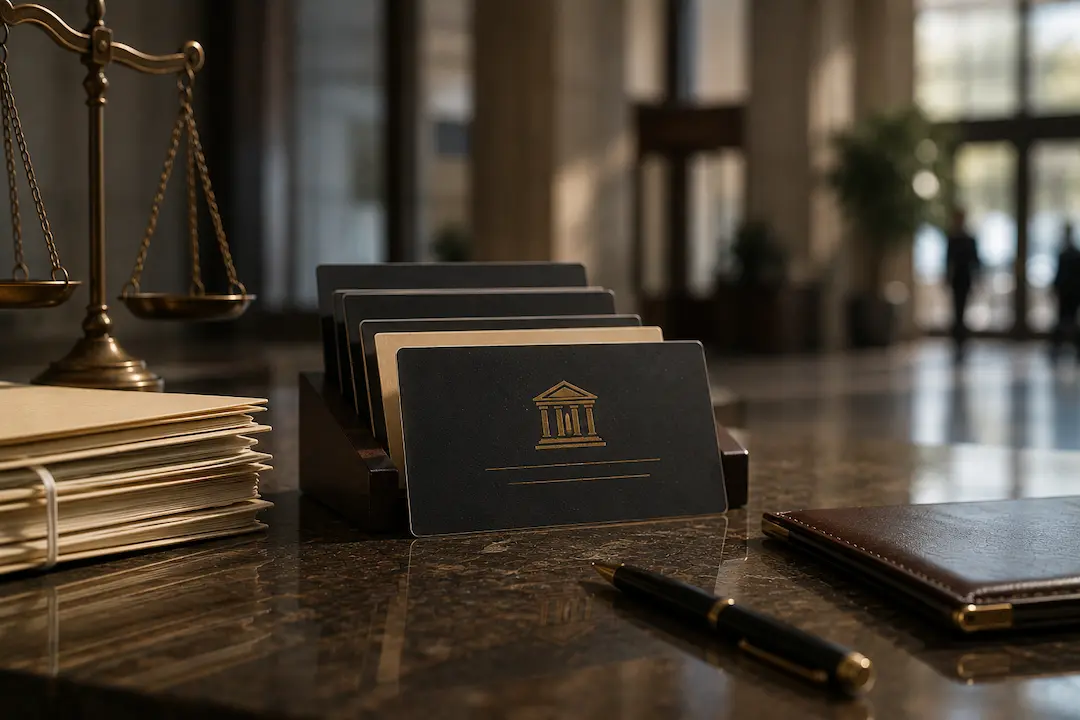 "Law firm documents, legal office desk, and courthouse-themed business cards representing US law firms improving visibility on ChatGPT, Google AI, and AI search."