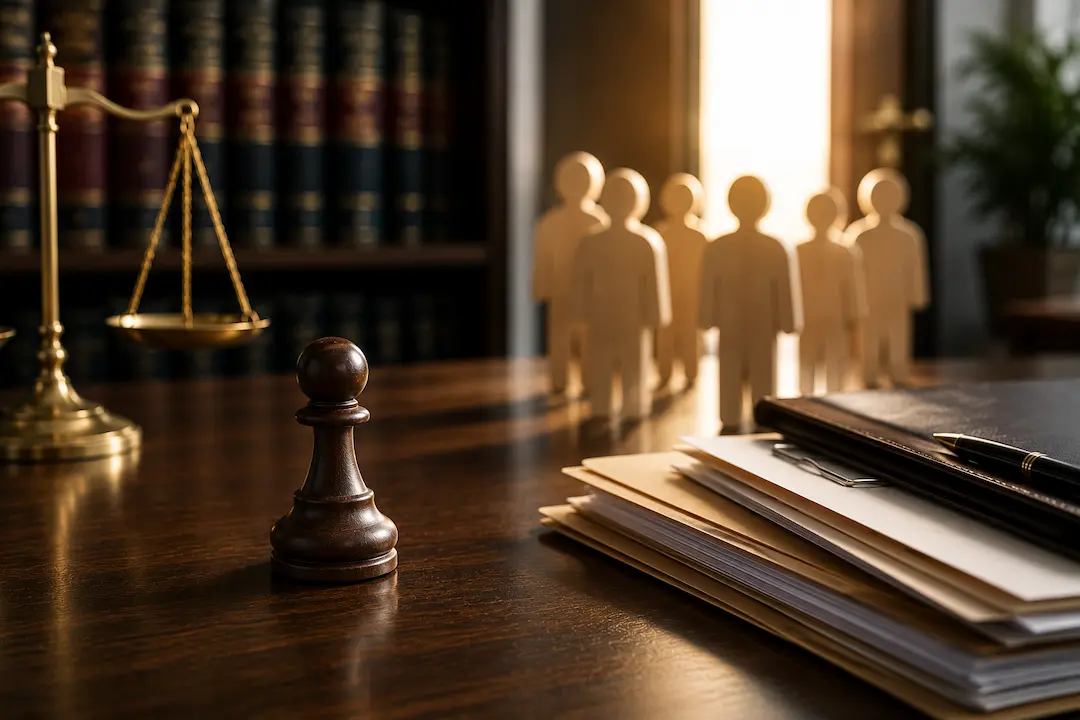 "Legal office with case files, scales of justice, and client figures representing why law firms are losing leads to ChatGPT and AI search."