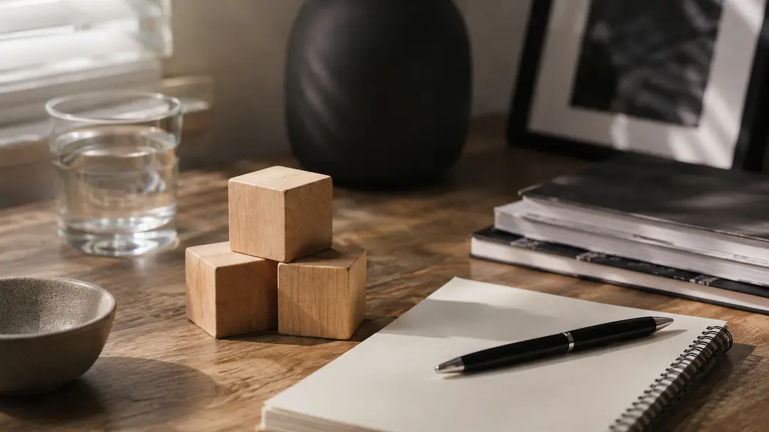 "Wooden building blocks, notebook, and workspace representing AI-powered GEO tools and strategies for improving local SEO."