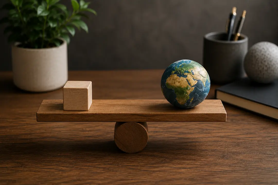 "Wooden balance beam with a globe and wooden block representing the comparison between AEO and GEO in AI-driven search visibility."