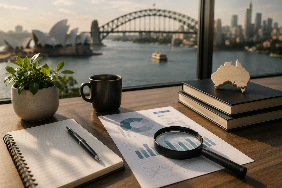 "Desk overlooking Sydney Harbour with SEO reports, magnifying glass, and Australian map representing AI SEO for Australian businesses."