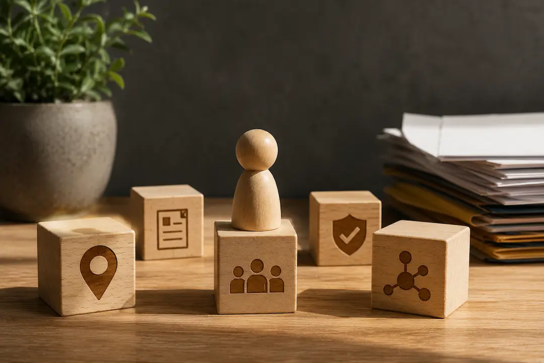 "Wooden blocks with entity, trust, location, and network symbols representing entity optimisation for building AI search trust."