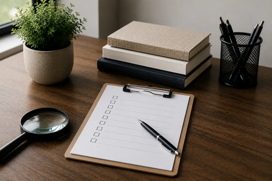 "Website audit checklist, magnifying glass, and workspace representing how to audit a website for generative AI search visibility."