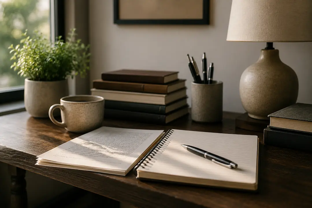 "Writing workspace with an open notebook, books, and desk setup representing content creation for earning citations from large language models."