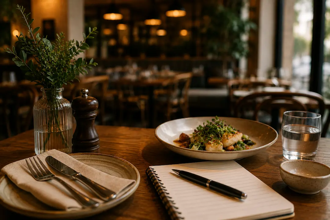 "Restaurant table with a plated meal, notebook, and dining setting representing how restaurants can get recommended in ChatGPT and AI search."