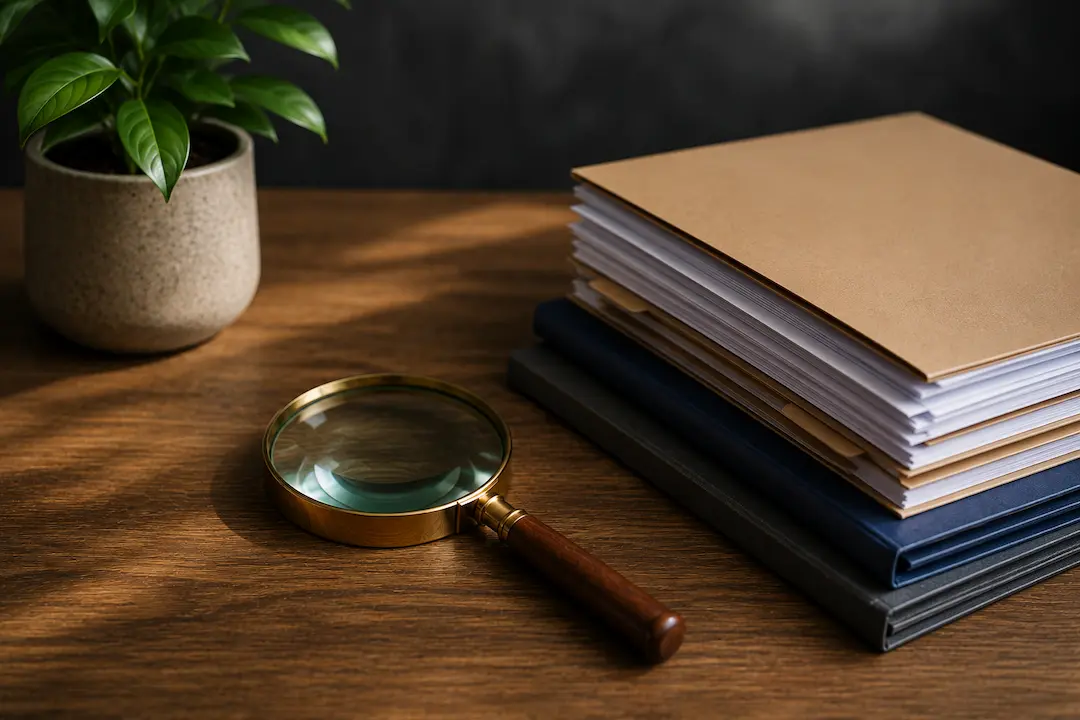 "Magnifying glass and document stack representing how to improve AI summary accuracy and influence how AI describes your brand."