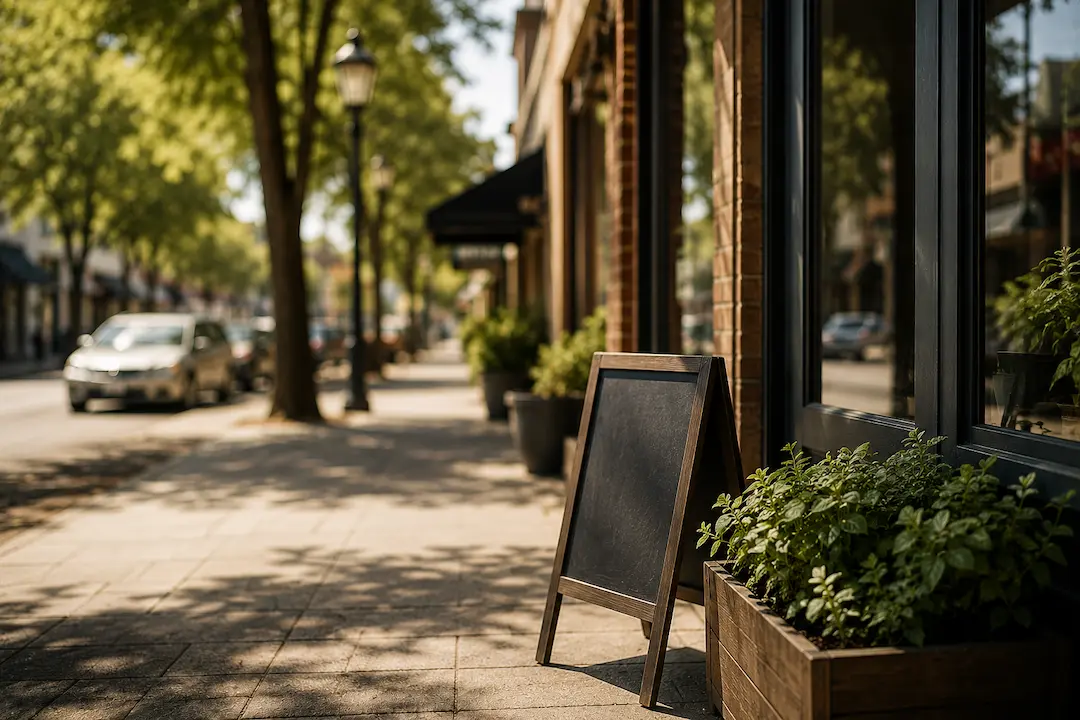 "Local storefront on a neighborhood street representing strategies to rank for 'near me' searches in AI Overviews and local AI search results."