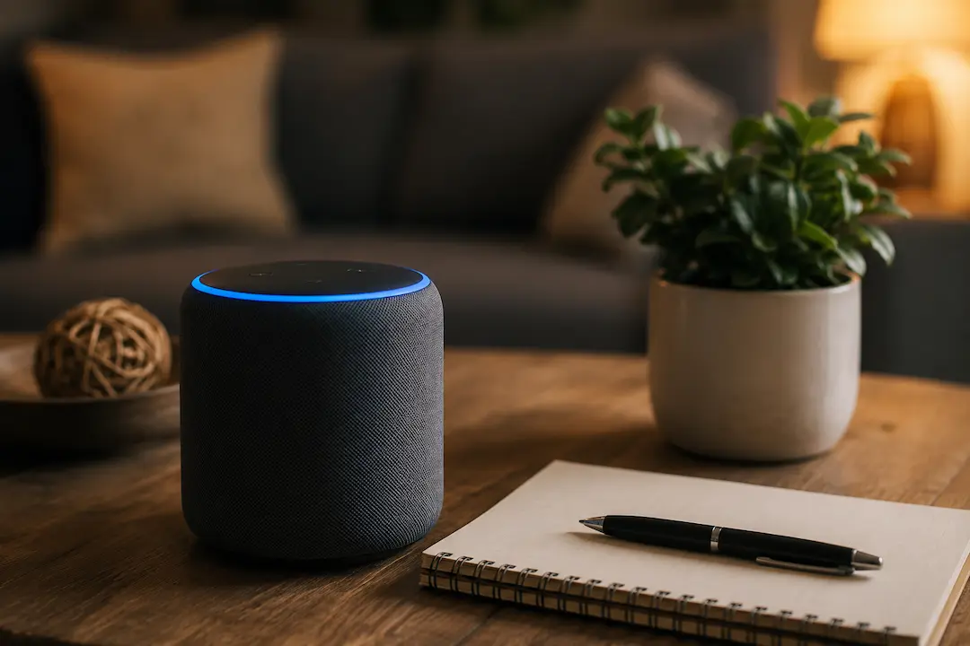 "Smart speaker and notebook representing Answer Engine Optimisation (AEO) strategies for improving voice search visibility."
