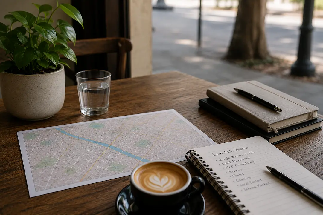 "Local SEO checklist, map, and workspace representing Australian local business listings and online visibility."