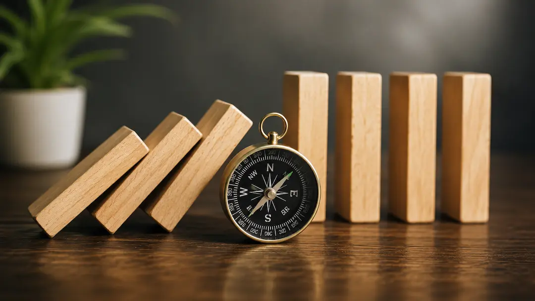 "Wooden blocks transitioning from falling to standing with a compass, representing AEO strategies to recover traffic lost to AI search."