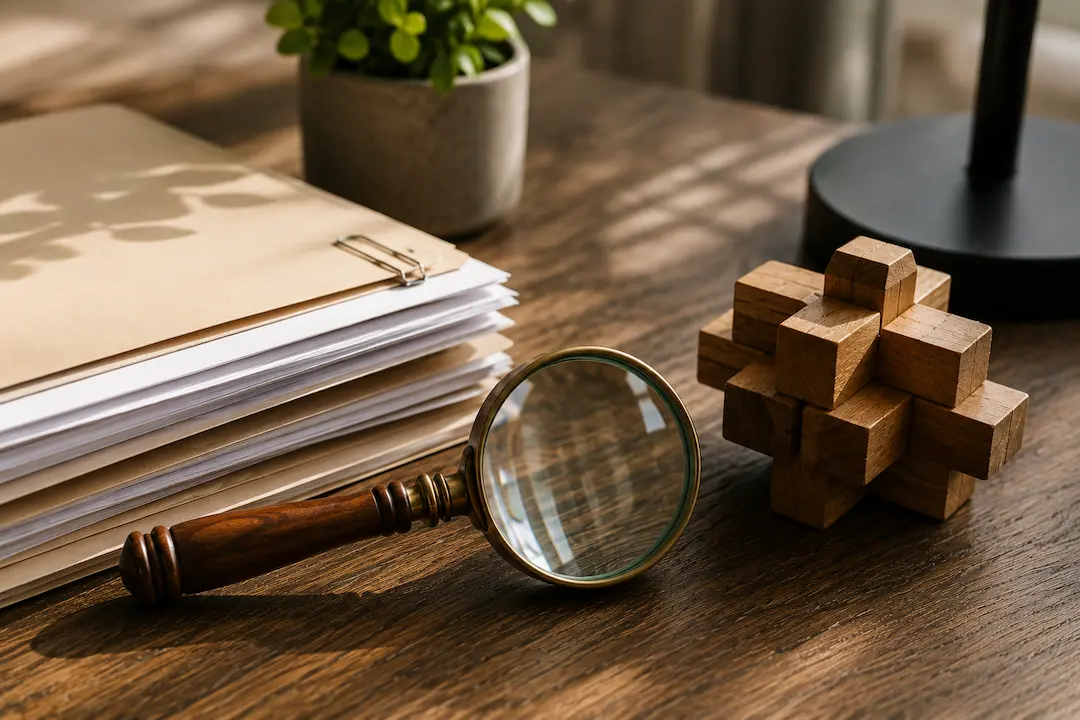 "Magnifying glass, document stack, and wooden puzzle representing search intent optimisation for ranking when AI answers user questions."