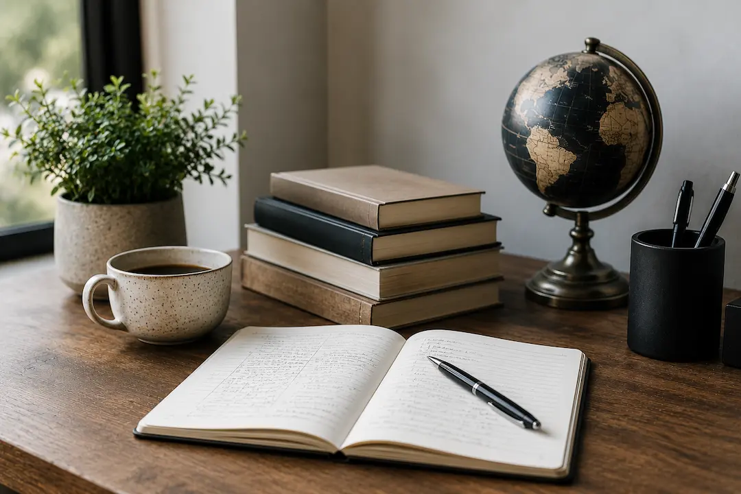 "Workspace with books, globe, and notebook representing the fundamentals of Generative Engine Optimisation (GEO) for AI search visibility."