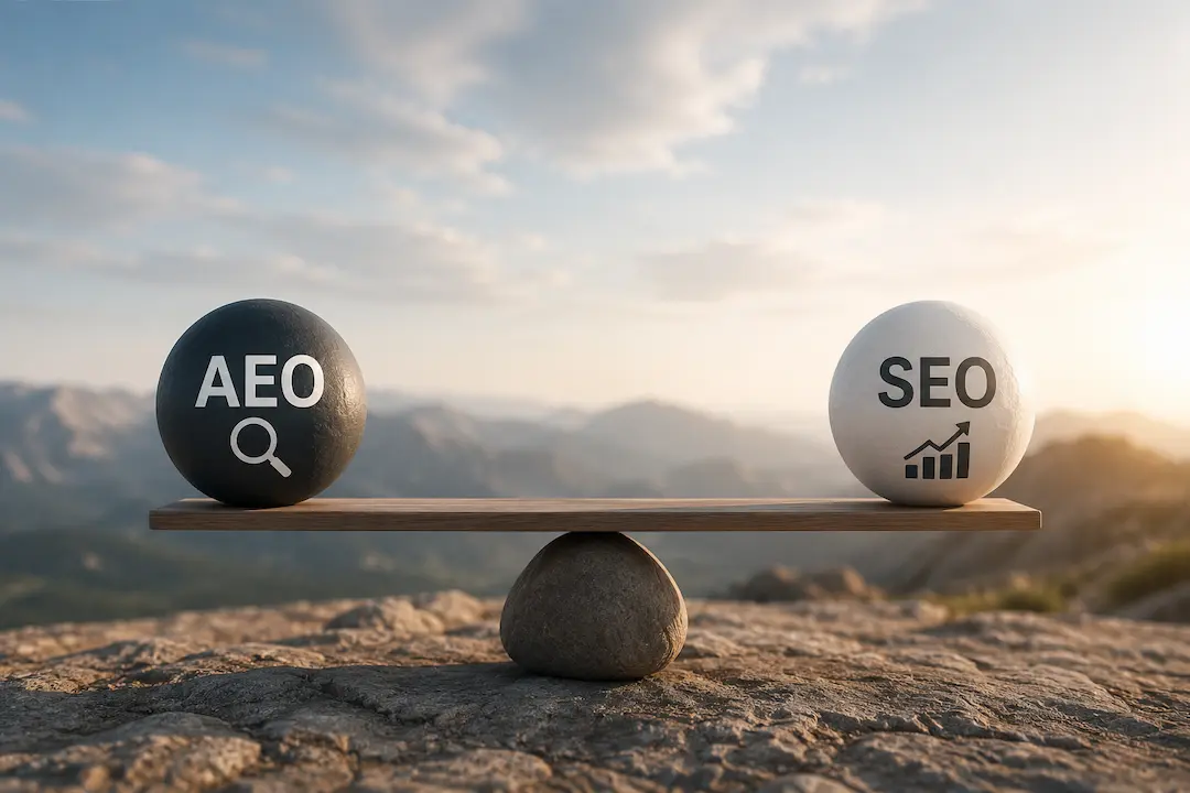 "Balanced AEO and SEO symbols on a seesaw representing the comparison between Answer Engine Optimisation and traditional search engine optimisation."