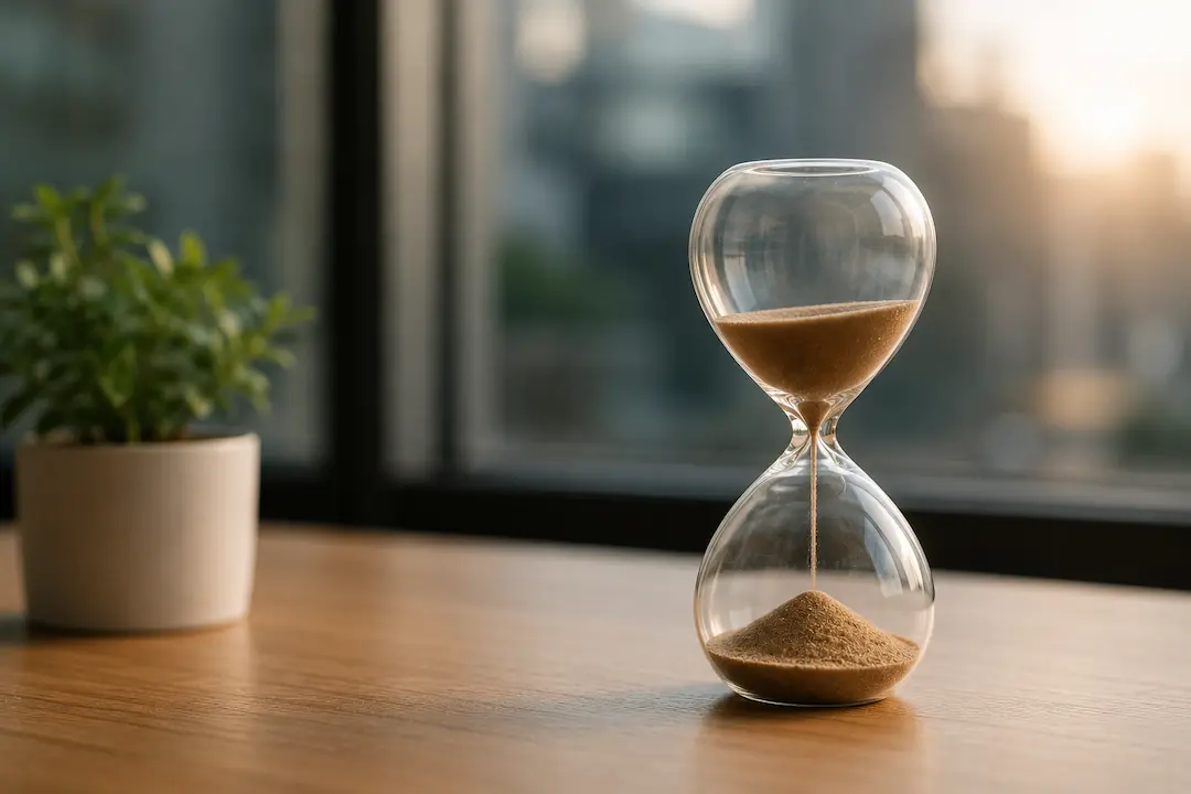 "Hourglass on a desk representing AI agents improving efficiency, automation, and long-term search visibility."