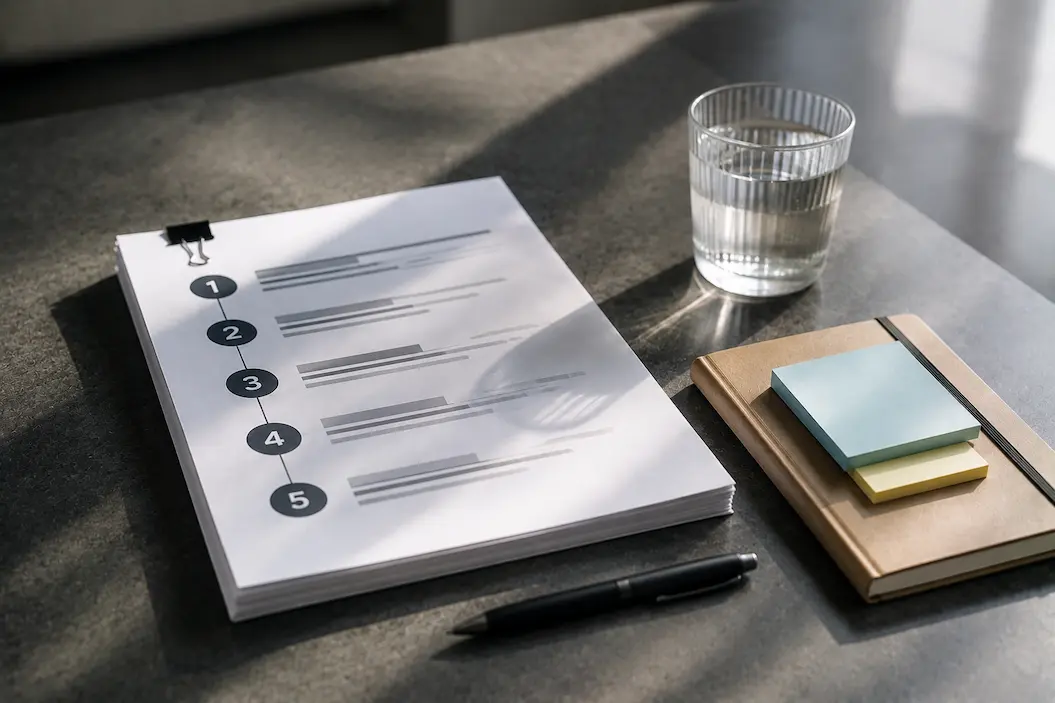 "Structured checklist and workspace representing a complete guide to using AI in SEO and adapting to the new era of search."