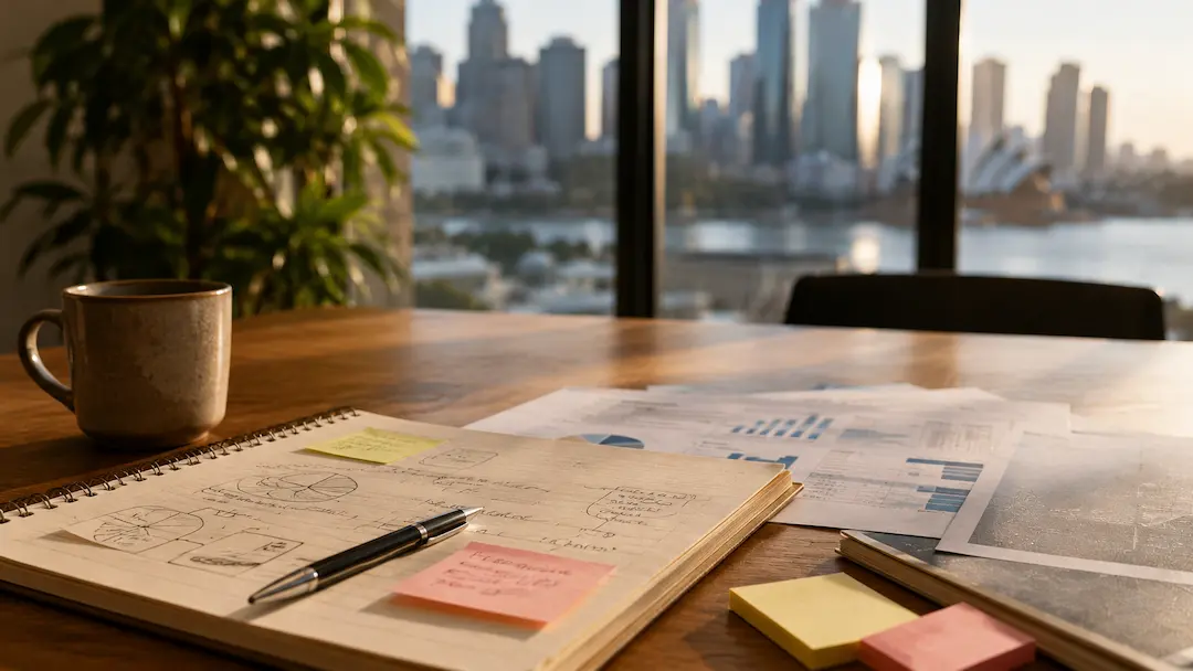 "Workspace with marketing reports overlooking an Australian city skyline, representing the future of AI search and digital marketing in Australia."