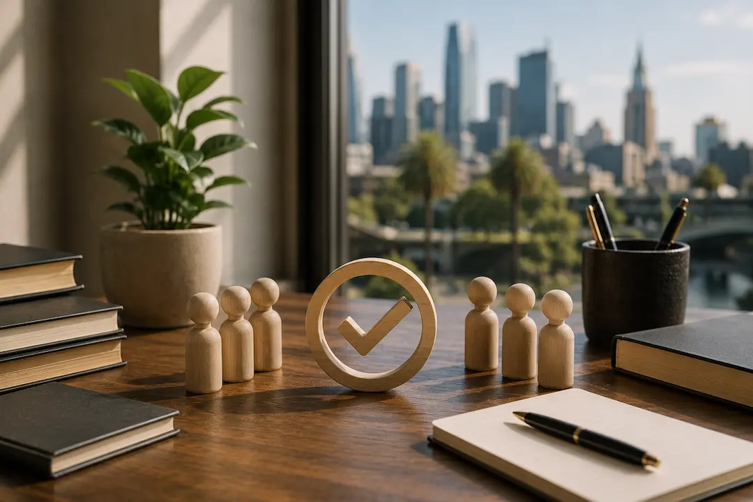 "Workspace with a verification symbol and business figures representing how to choose the best AEO agency in Melbourne for AI search visibility."