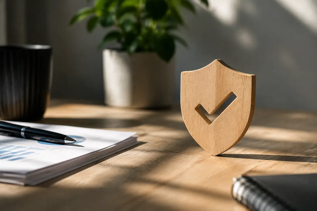 "Wooden shield with a checkmark beside documents representing how Answer Engine Optimisation (AEO) builds brand trust in AI search."